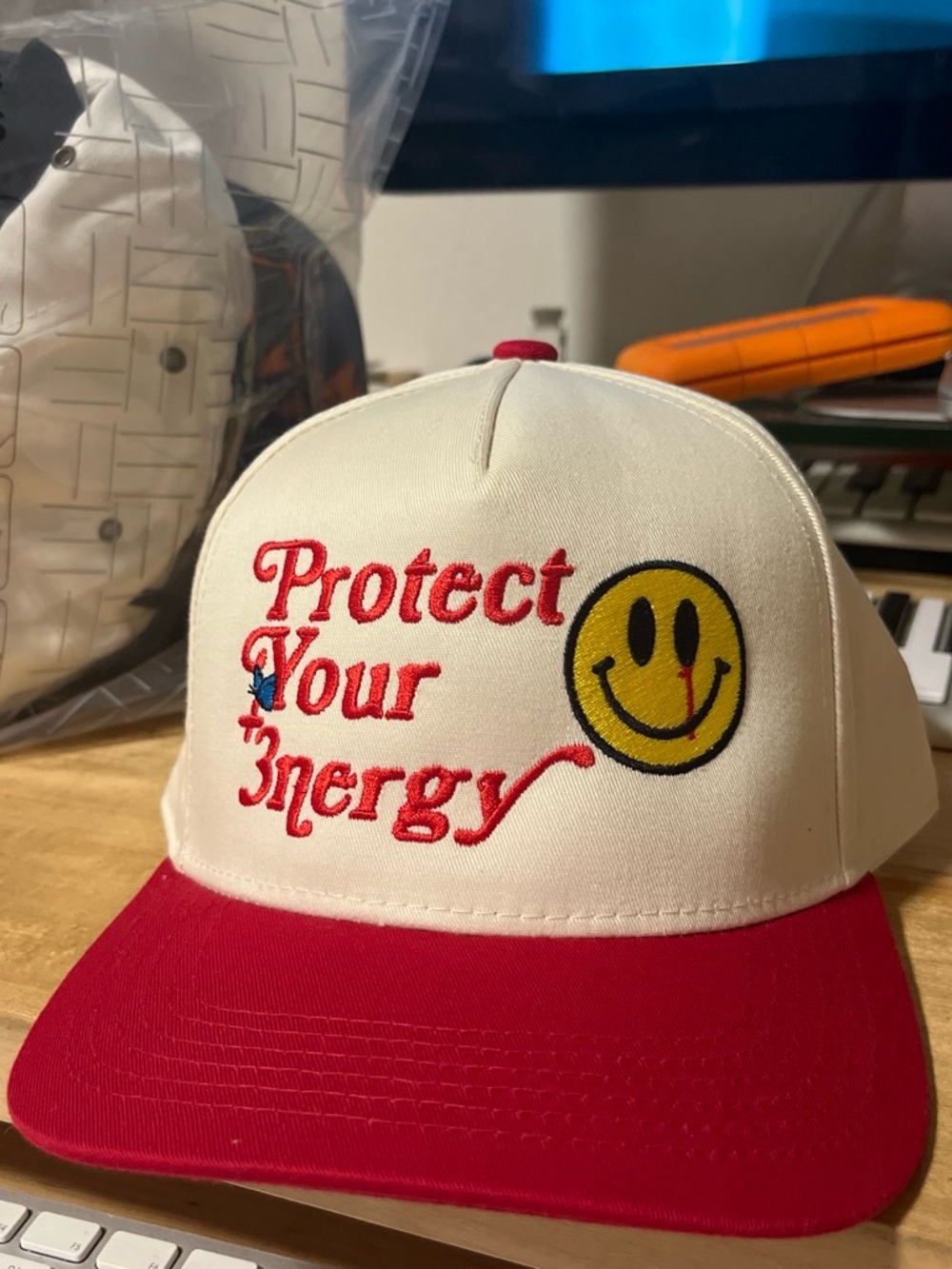 Protect Your Energy Embroidered Snapback Hat - White & Red